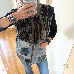 Greg Lauren Pewter crushed velvet/vintage denim quilted flight jacket vest